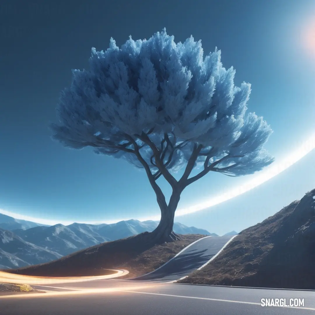 PANTONE 2115 color example: Tree on the side of a road with a sky background