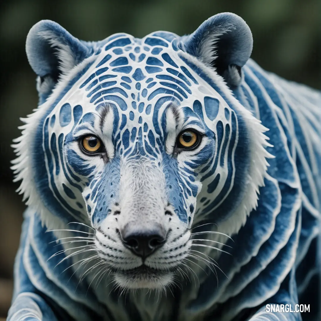 White tiger with blue and white markings on its face and chest, with a black background. Example of #657FB8 color.