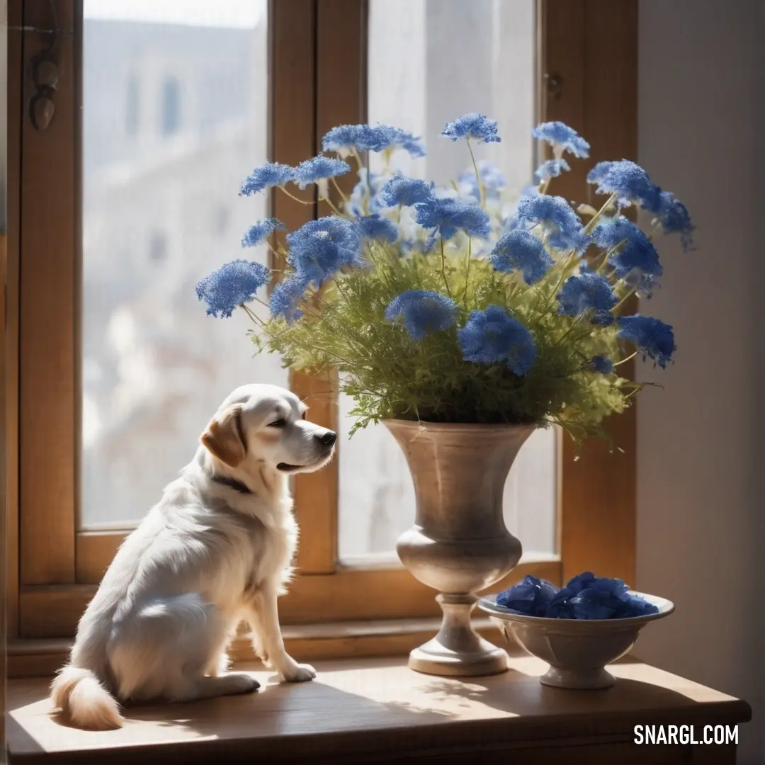 Dog on a window sill next to a vase of flowers and a bowl of blue flowers. Color RGB 86,110,172.