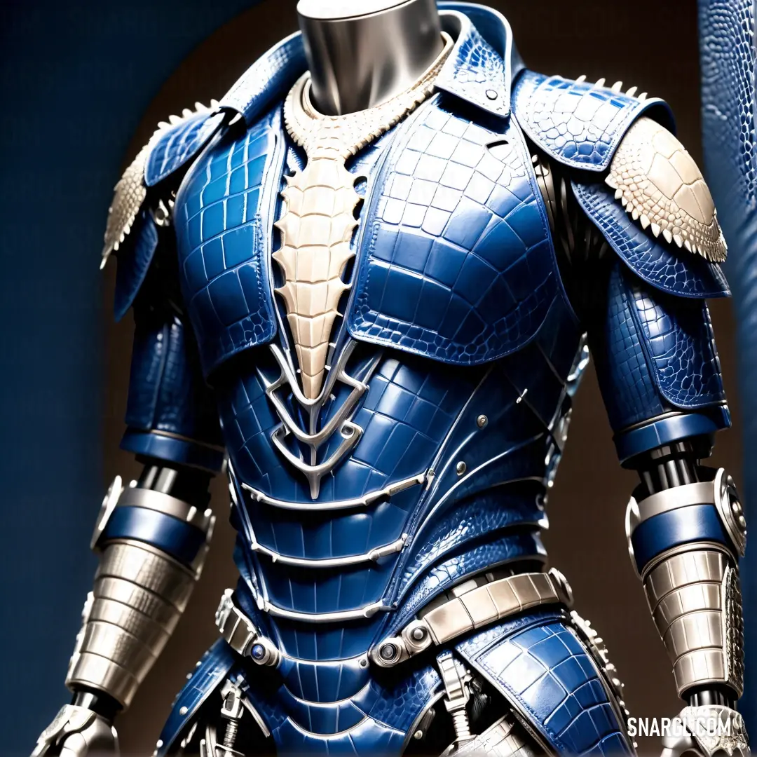Blue and silver armor is displayed on a mannequin's head and shoulders, with a black background. Color PANTONE 2117.