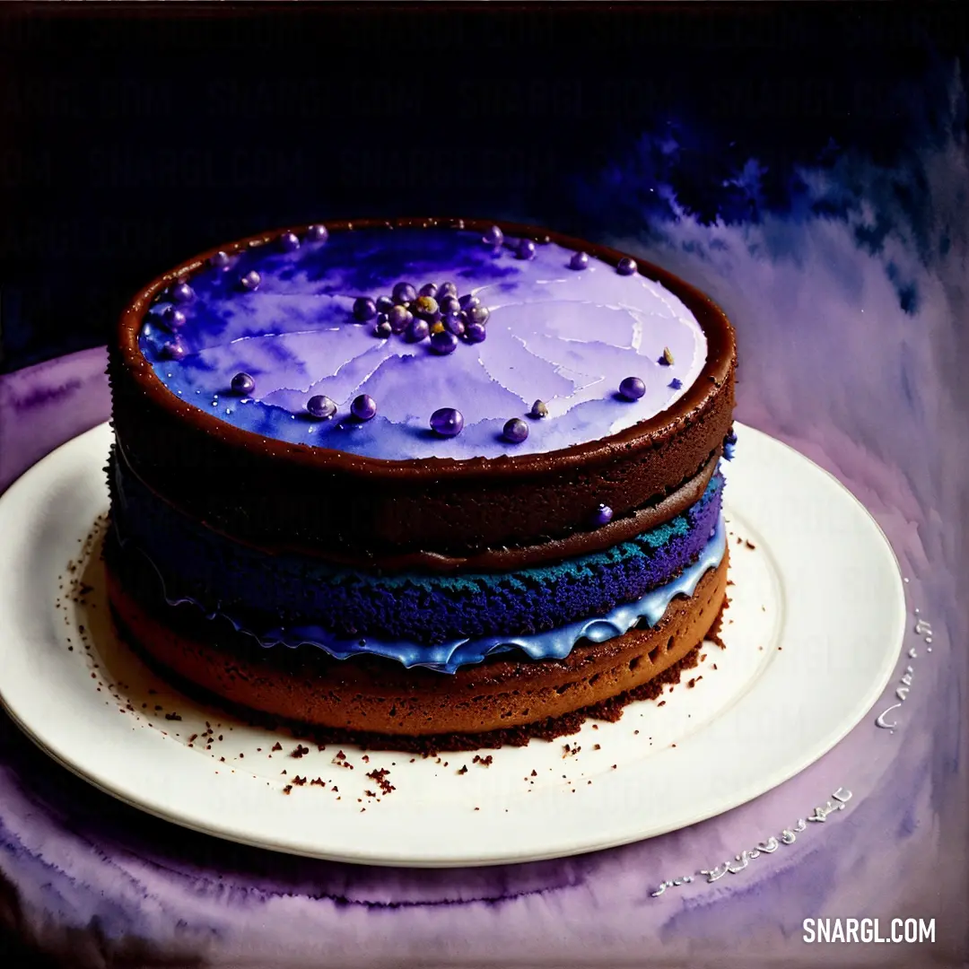 PANTONE 2117 color. Cake with purple frosting and sprinkles on a plate on a table with purple and purple background