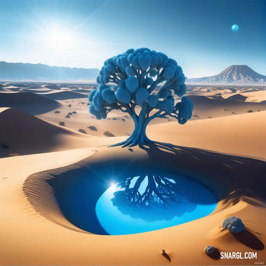 PANTONE 2117 color example: Tree in the desert with a blue pool of water in the middle of it