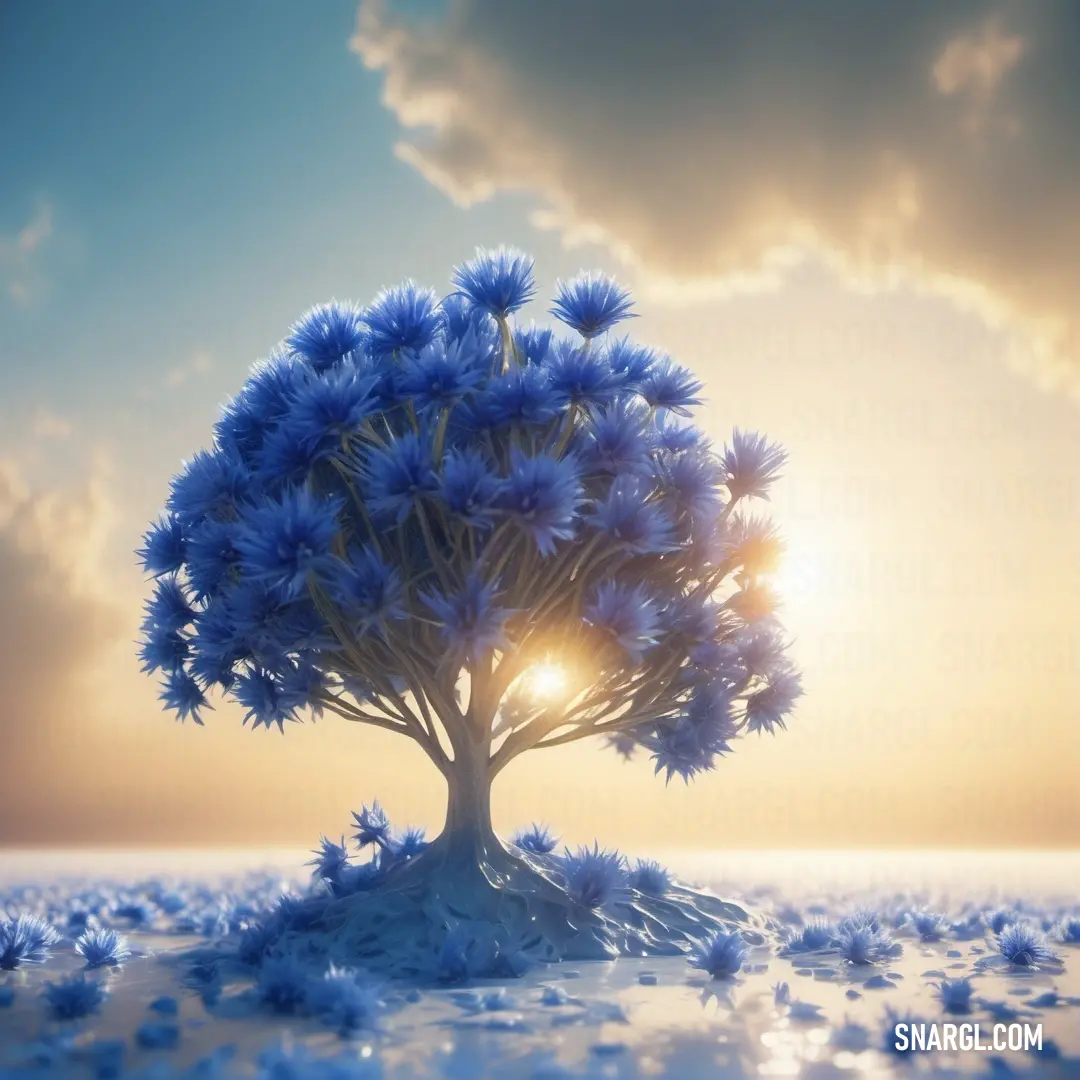 PANTONE 2117 color. Tree with blue flowers in the middle of a field with a sun in the background