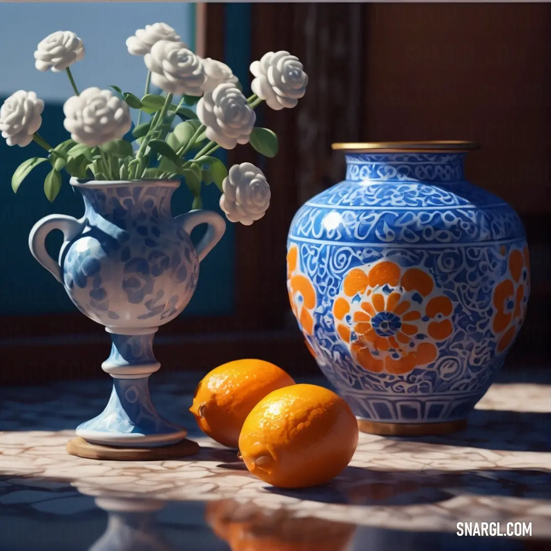 Vase with flowers and two oranges on a table with a mirror behind it