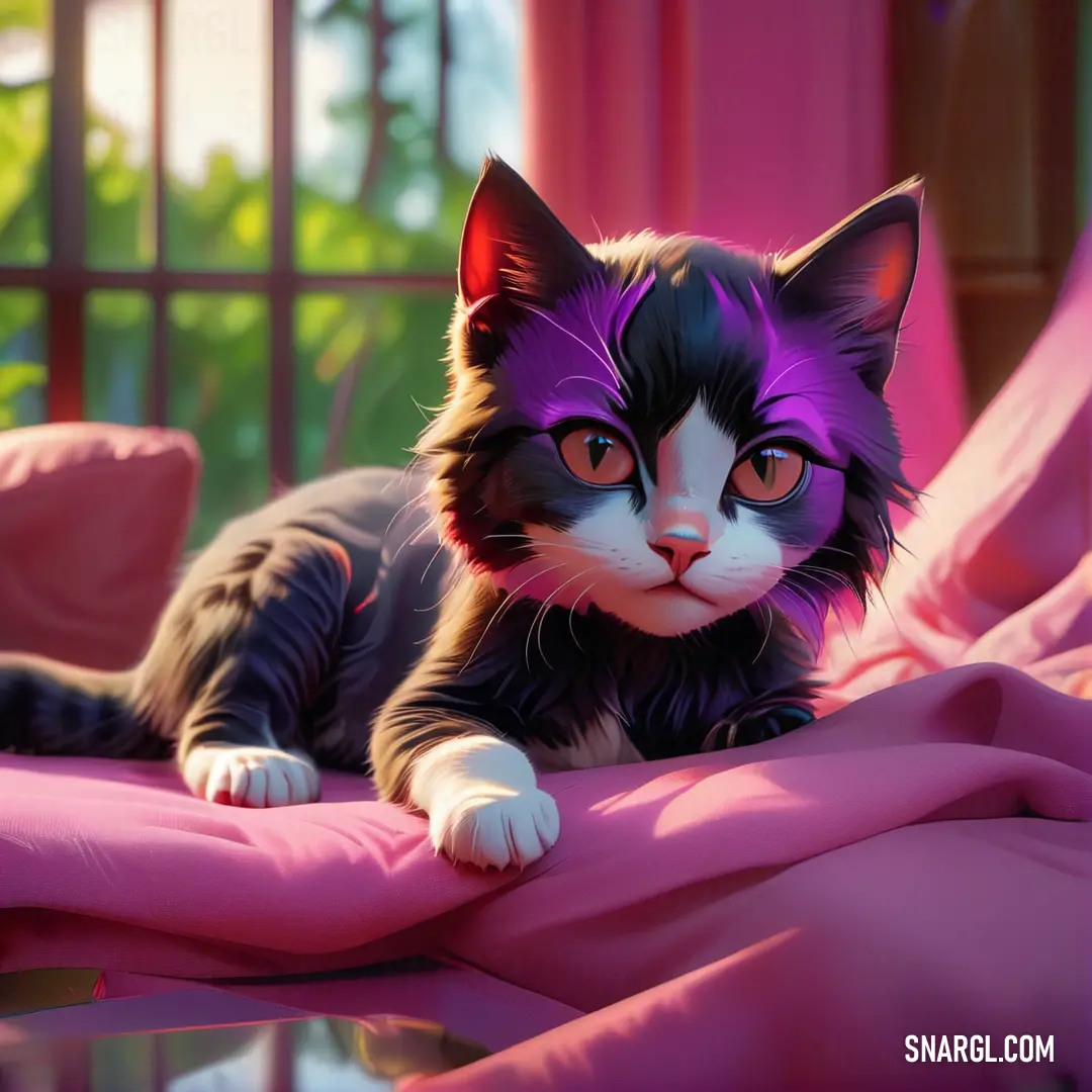 Cat with purple eyes laying on a pink blanket in a room with a window and pink curtains