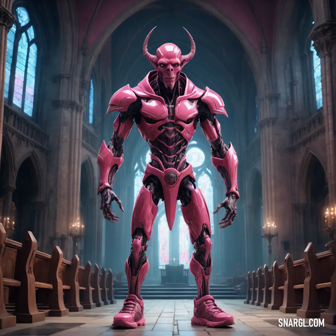 Demonic looking man standing in a large building with a massive red demon on his chest and arms and legs