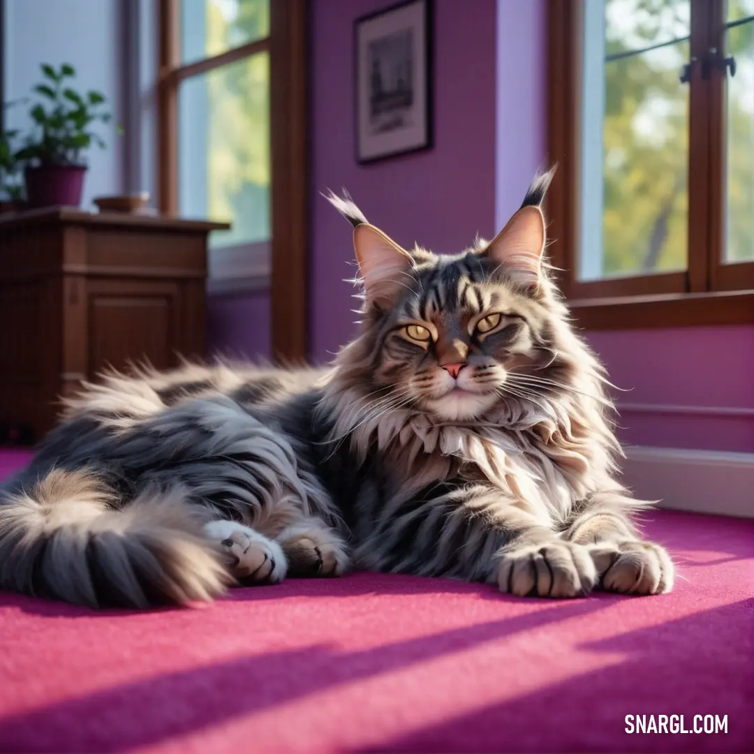 Fluffy cat laying on a pink carpet in a room with a window and a pink carpet