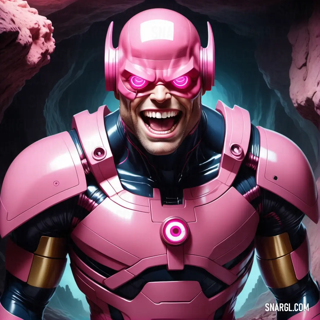 Man in a pink suit with a pink helmet and pink eyes