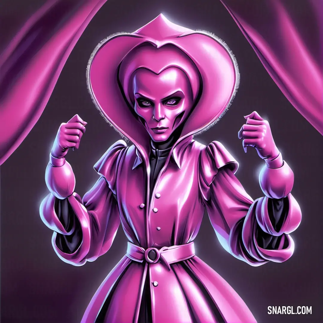 Pink colored character with a large hat and a pink coat on