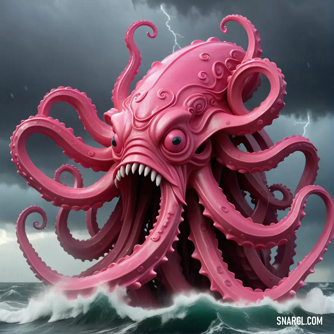 Pink octopus with a large mouth on a stormy day in the ocean with a lightning bolt in the background