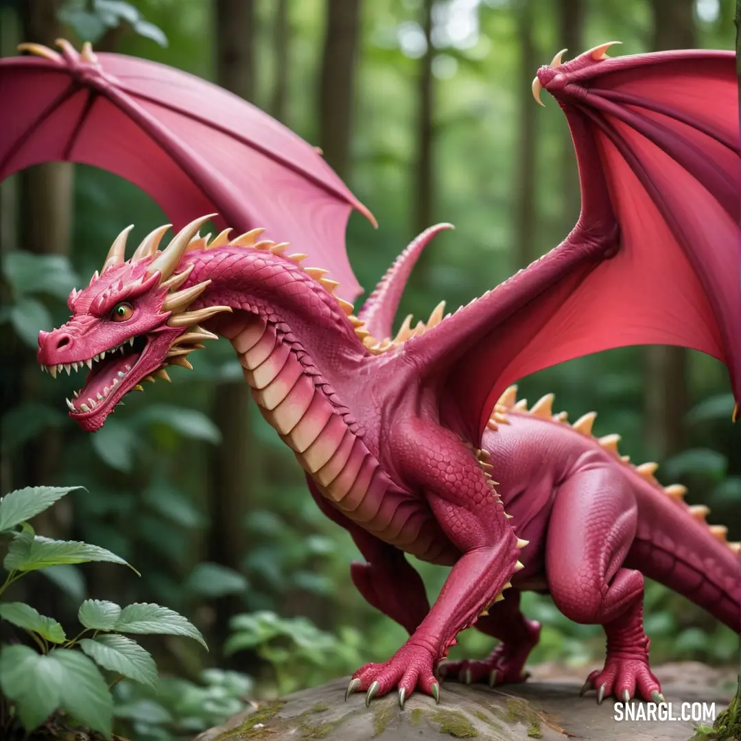 Red dragon statue on top of a rock in a forest next to a tree trunk and green leaves