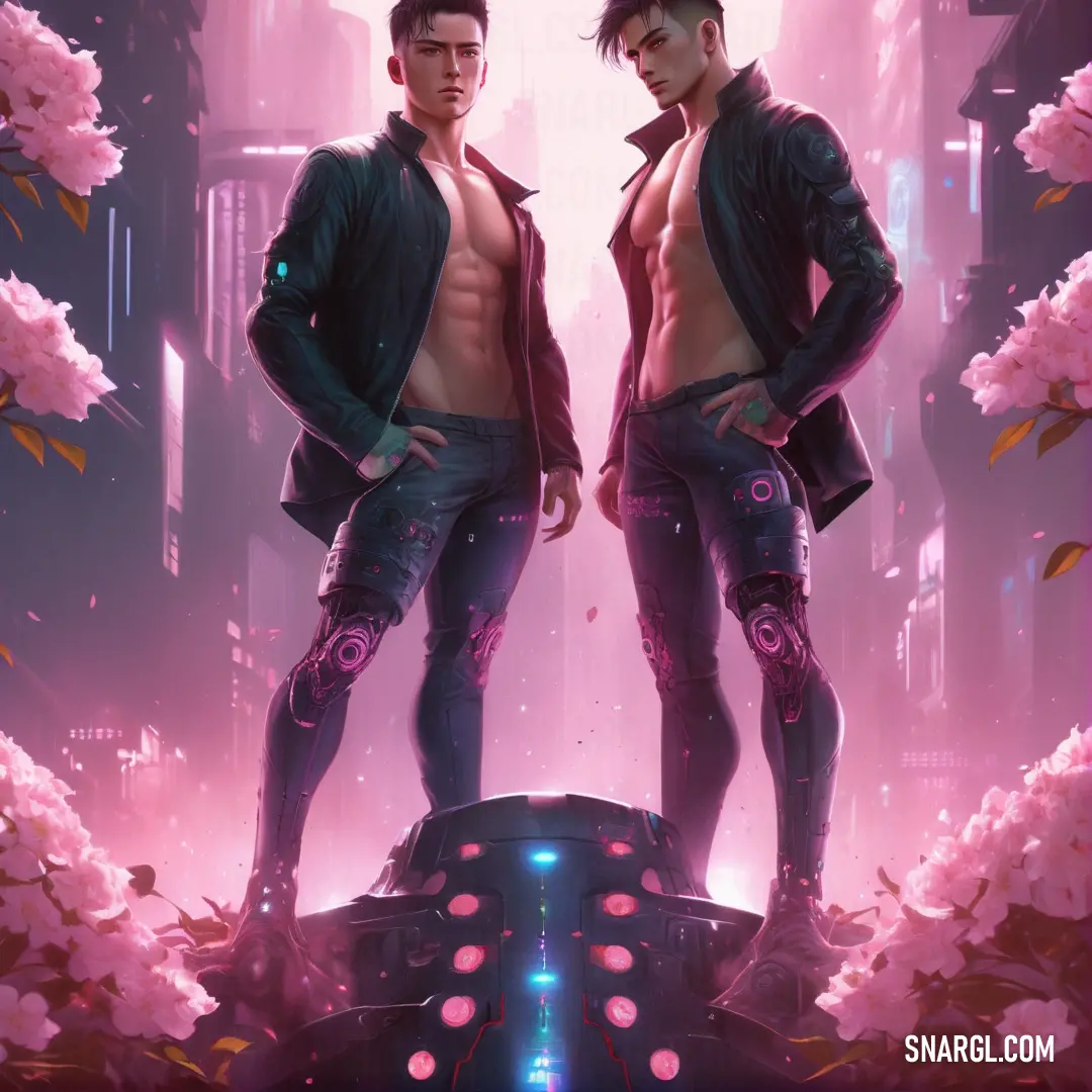 Two men standing next to each other in front of a pink background with flowers and a sci - fi character