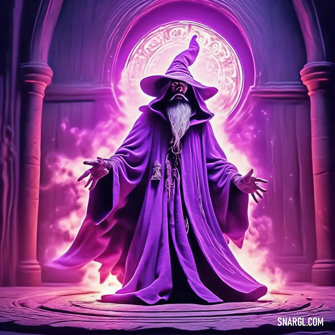 Wizard with a purple robe and hat standing in front of a purple light with his hands in his pockets