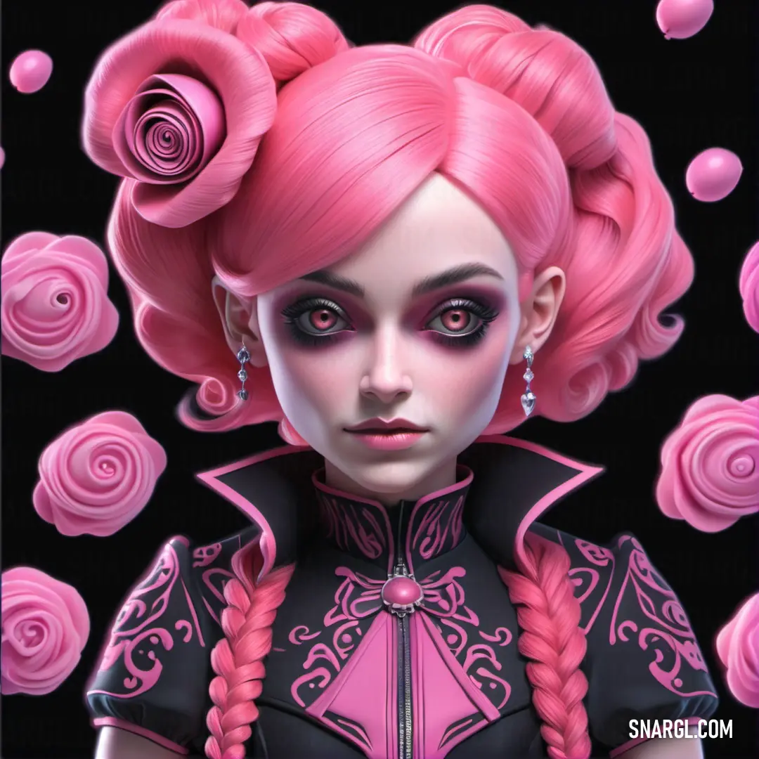 Woman with pink hair and a black top with roses on it
