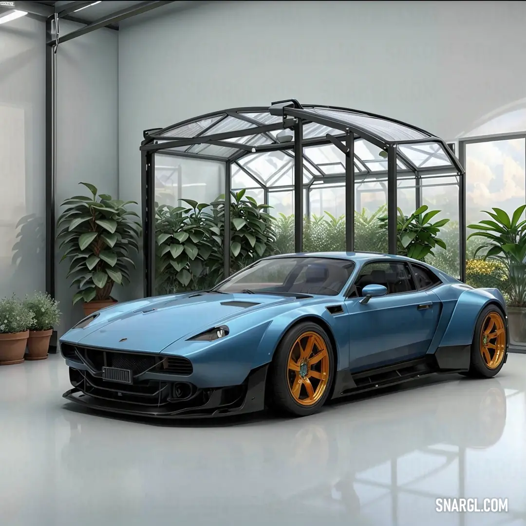 Blue sports car parked in a room with potted plants and a glass door to the outside of the room. Example of PANTONE 2120 color.