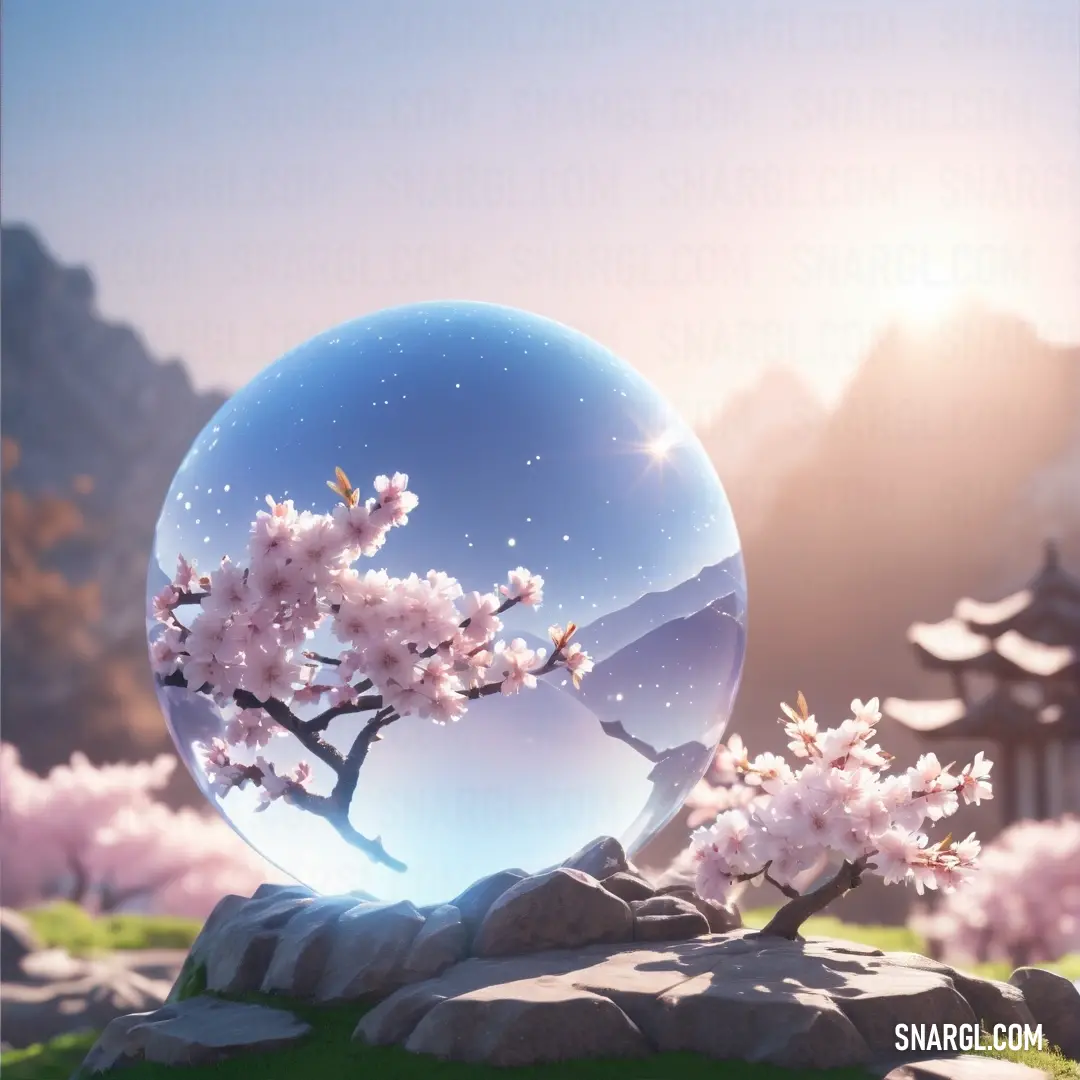 Glass ball with a tree inside of it on a rock in a field with pink flowers and a mountain in the background. Color #8CADD6.