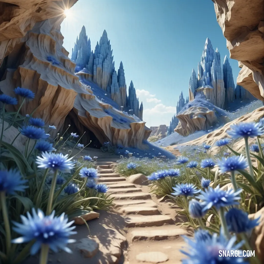 3d rendering of a path leading to a cave with blue flowers in the foreground. Example of CMYK 51,21,0,0 color.
