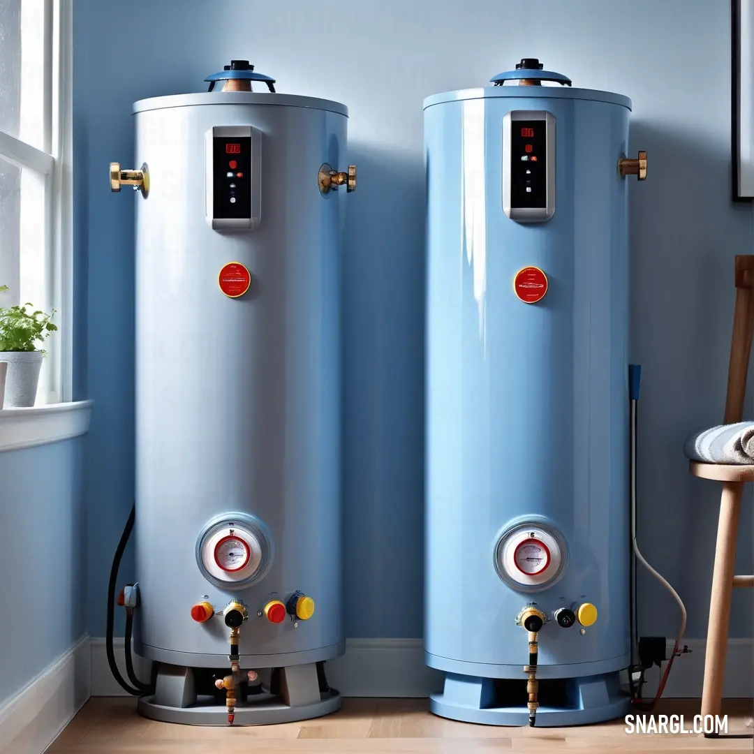 Two large blue water heaters next to each other in a room with a window and a chair. Example of PANTONE 2121 color.