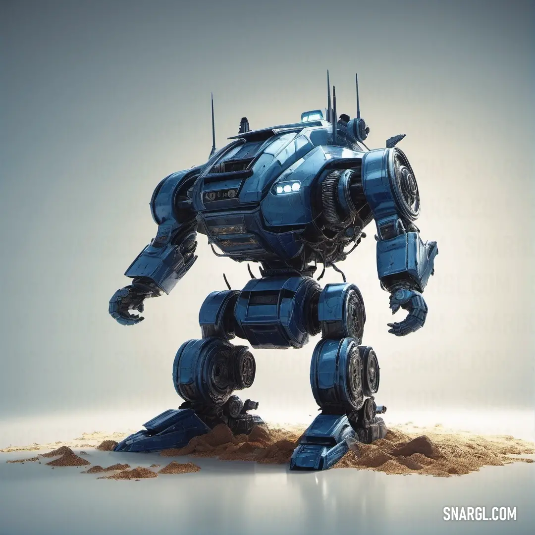 Blue robot standing on top of a pile of dirt and dirt on the ground with its legs spread out. Example of #637DB7 color.