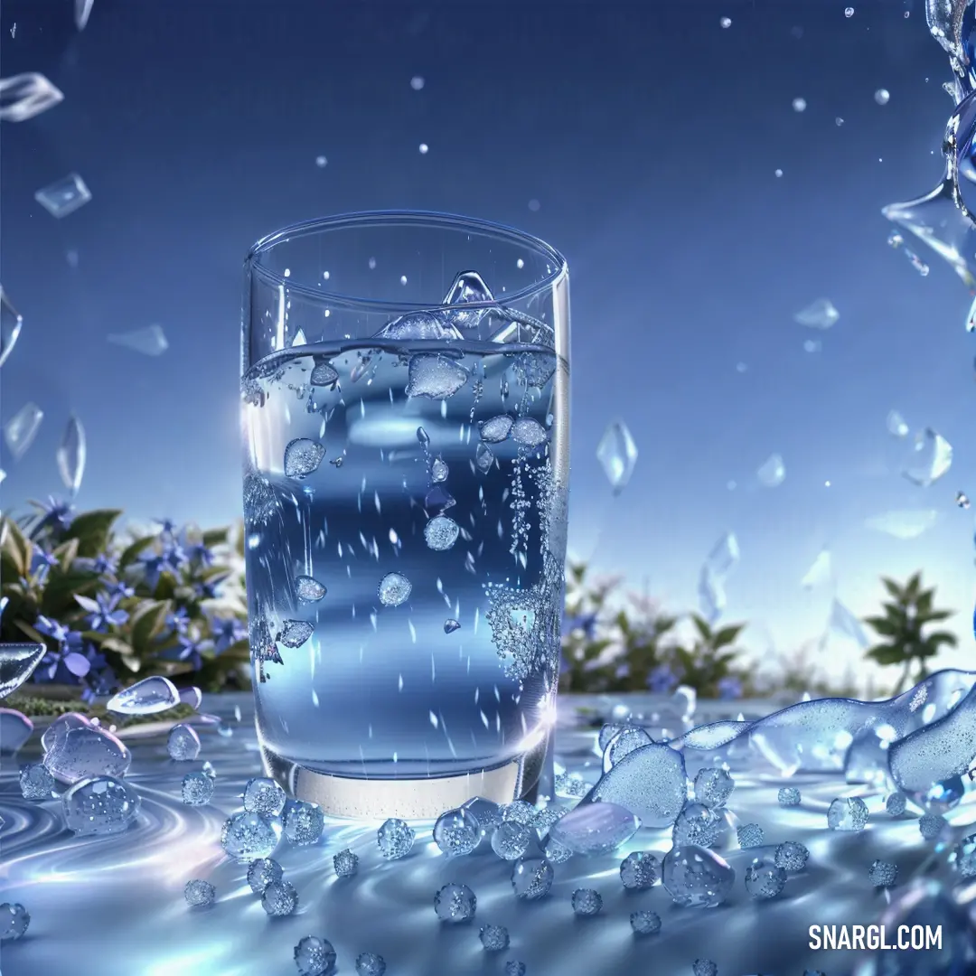 Glass of water with ice and water drops on it and a blue background. Example of CMYK 74,55,0,0 color.