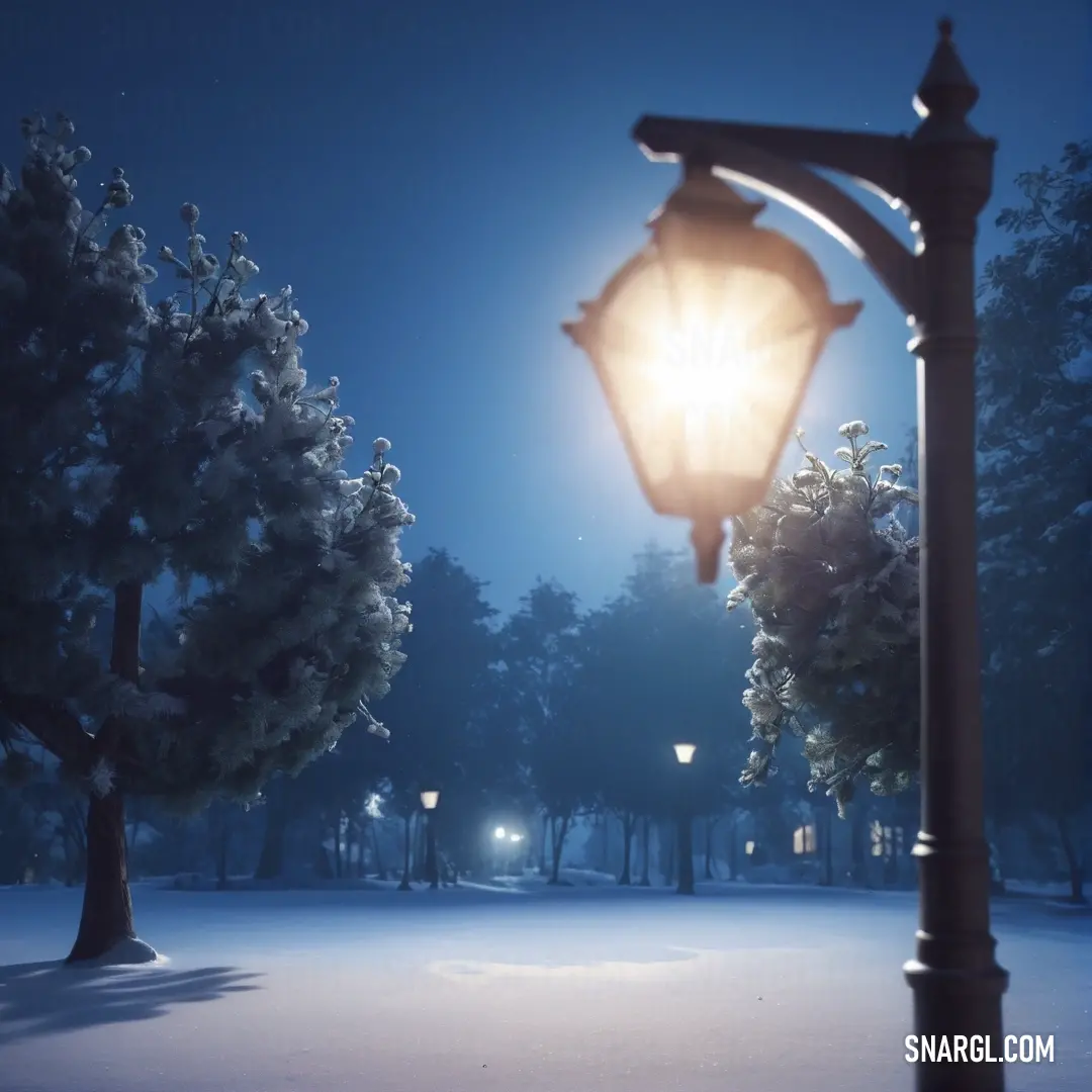 PANTONE 2125 color. Street light in a snowy park at night with a full moon in the background