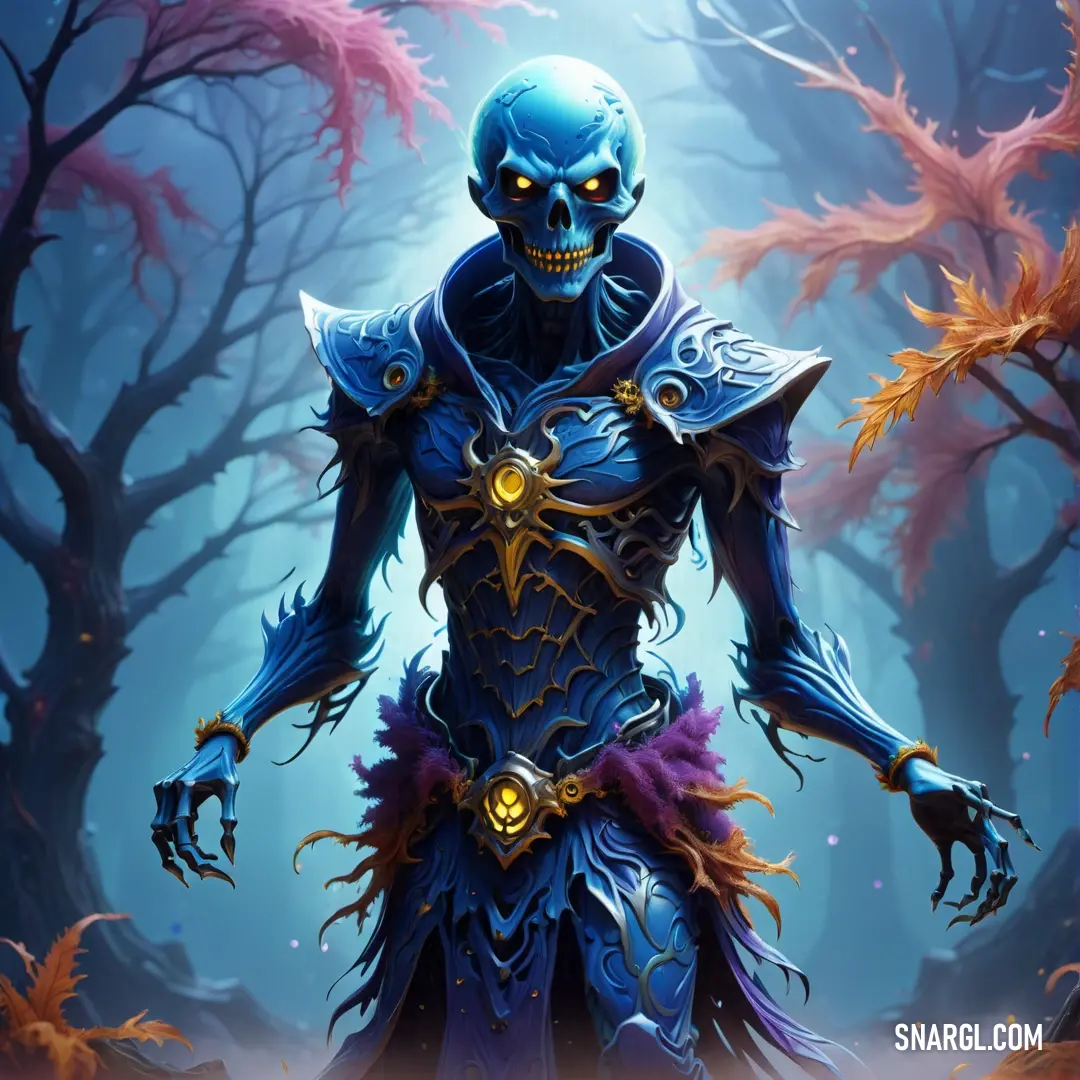 Blue demon with a glowing face and a blue body in a forest with trees and leaves. Color PANTONE 2126.