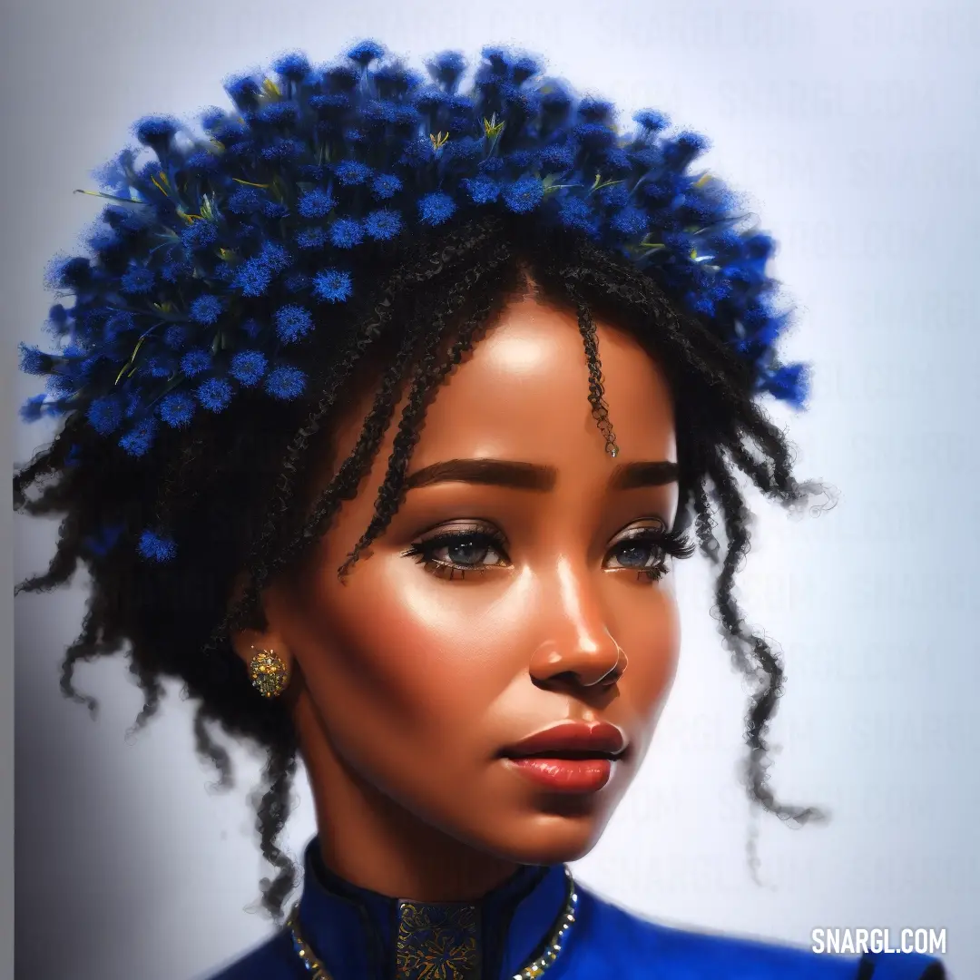 Digital painting of a woman with blue flowers in her hair and a necklace on her neck and a necklace on her neck