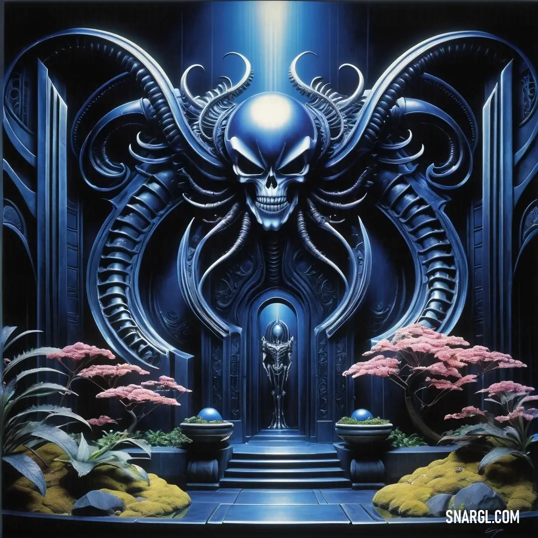 Painting of a futuristic entrance with a giant alien head on it's face and a giant doorway leading to a plant filled entrance
