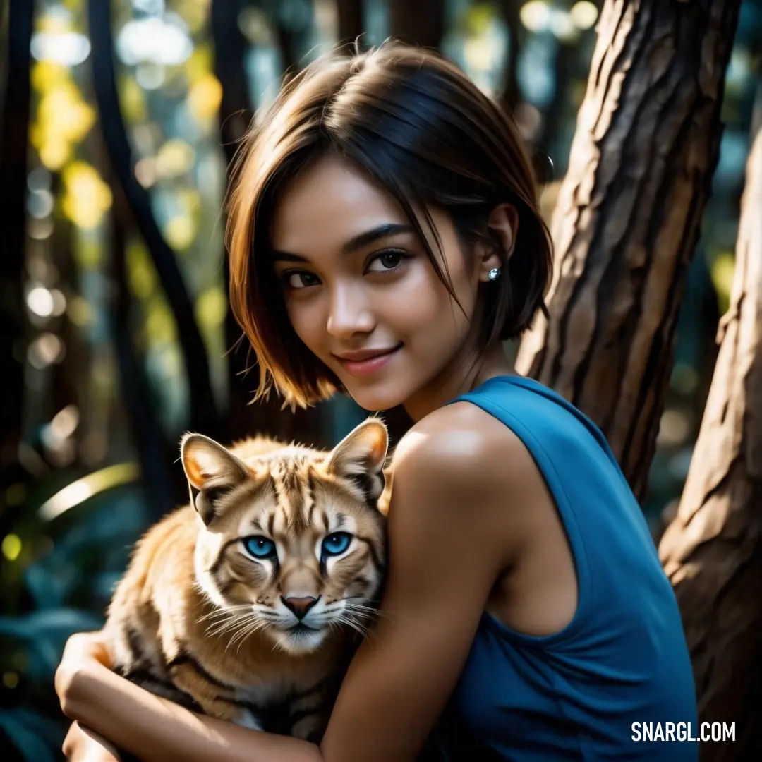 PANTONE 2126 color. Woman holding a cat in a forest with trees in the background