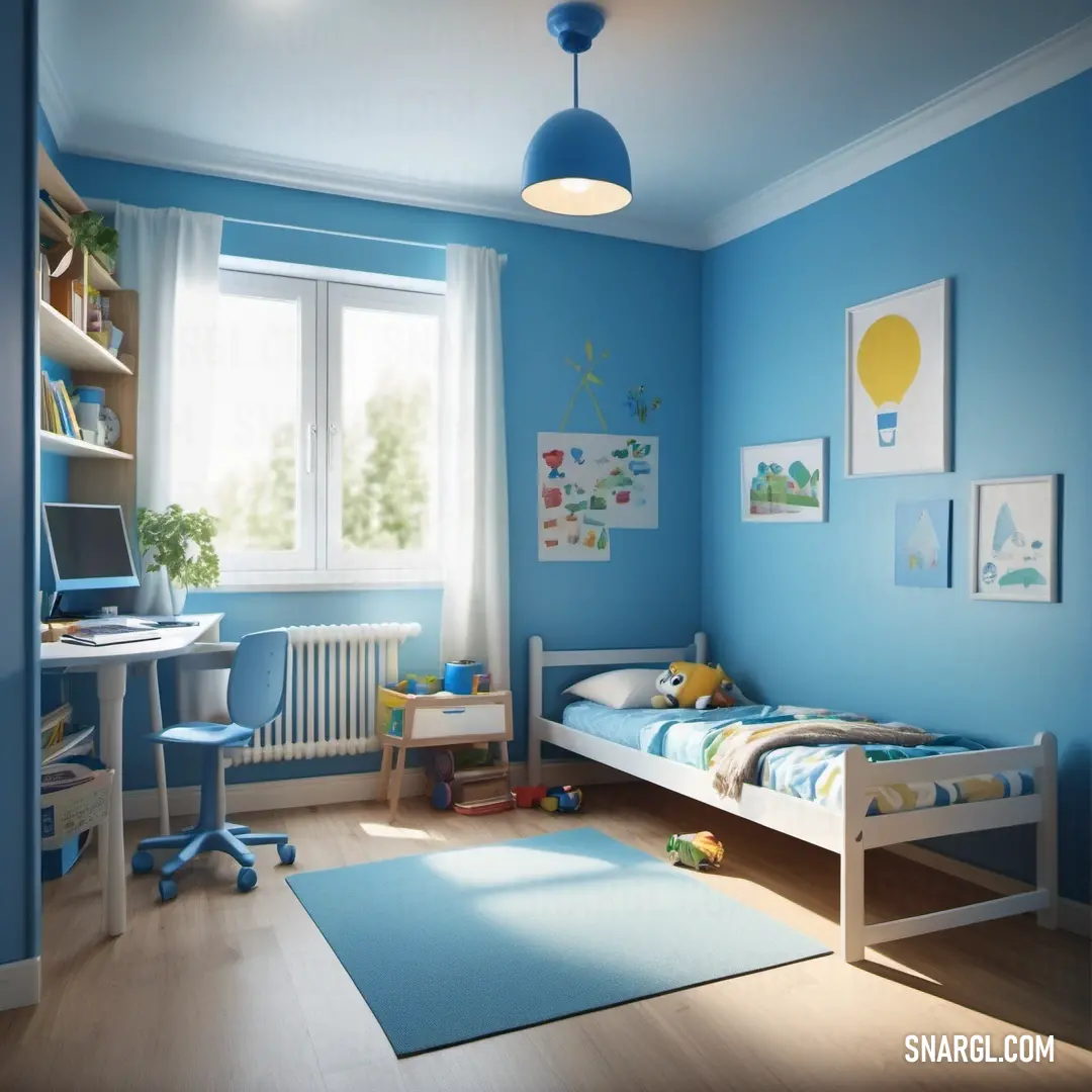 Bedroom with a blue wall and a white bed and desk and chair and a blue rug on the floor. Color CMYK 30,8,0,0.