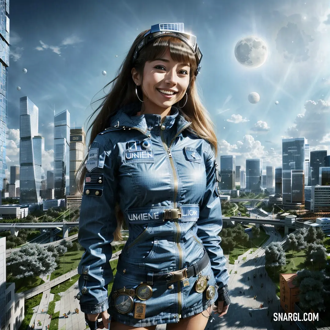PANTONE 2129 color. Woman in a blue jacket and hat standing in front of a cityscape with a full moon