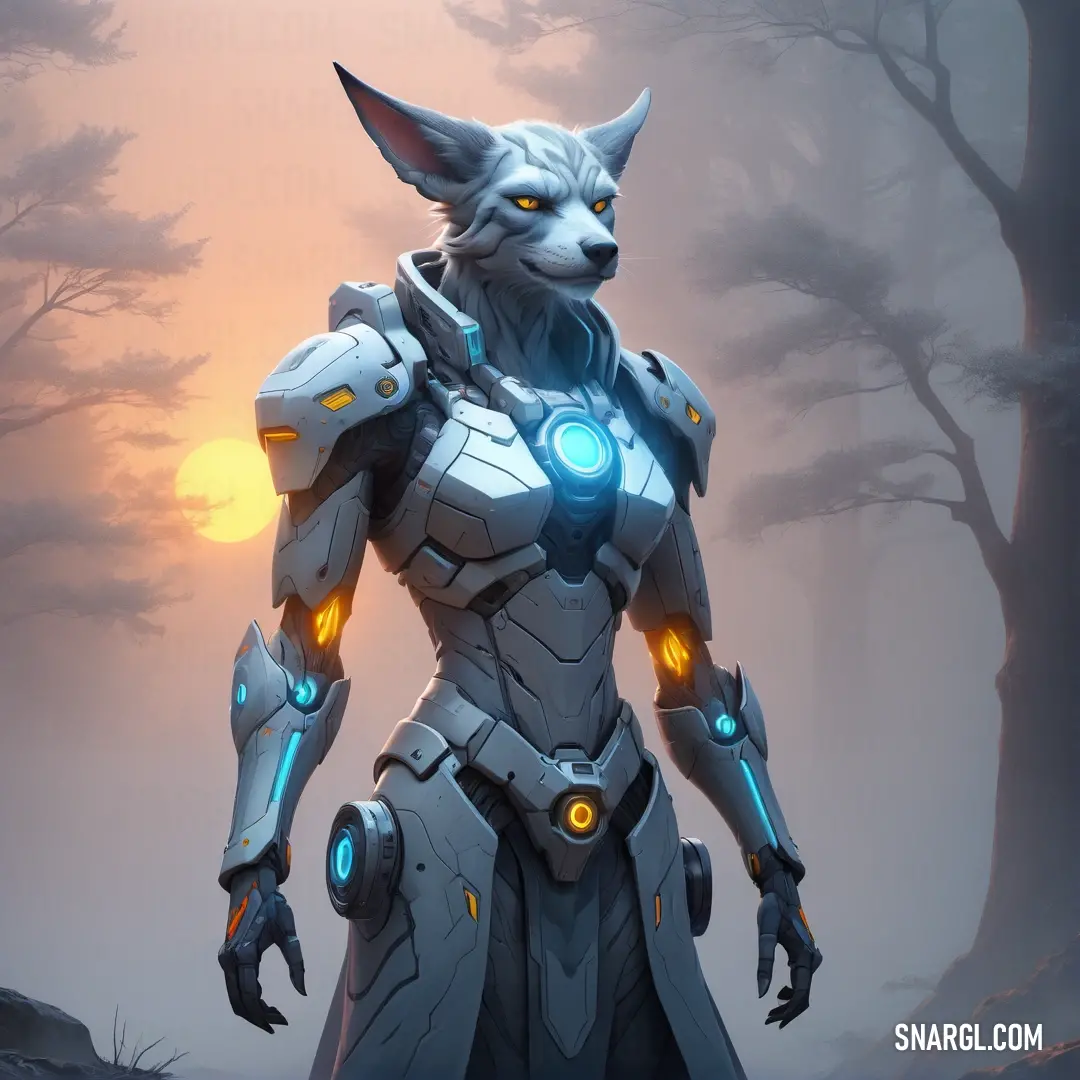 Wolf with glowing eyes and a futuristic suit standing in a forest with trees and a sun in the background. Example of #6593C8 color.