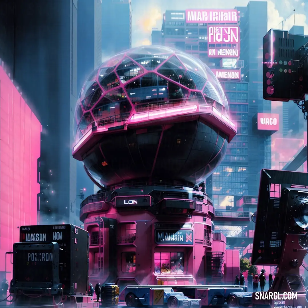 Futuristic city with a futuristic dome in the middle of the street and people walking around it in the distance