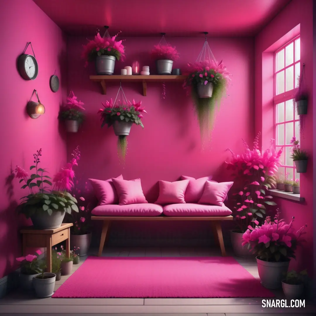 Pink room with a pink rug and pink couch and potted plants on the wall