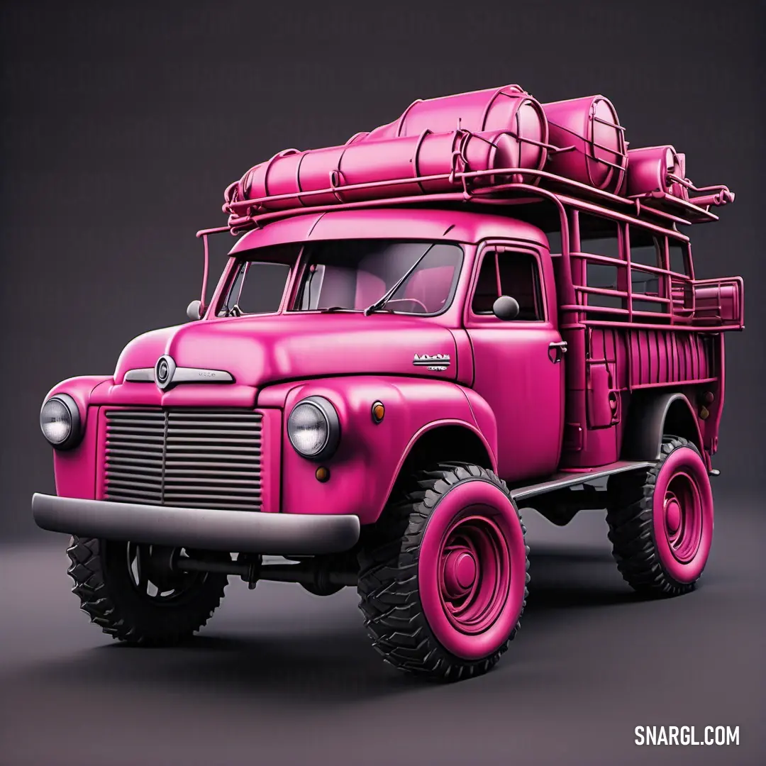 Pink truck with a bunch of luggage on top of it's bed and a black background behind it