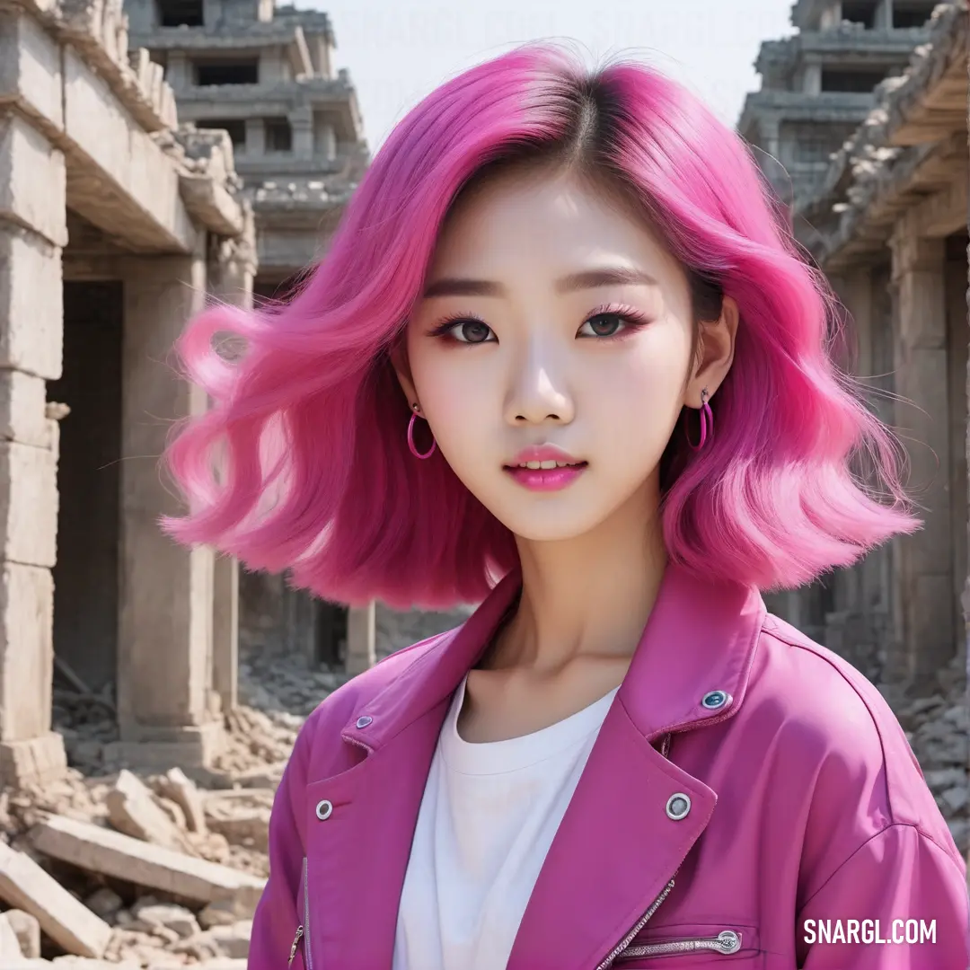 Woman with pink hair and a pink jacket in front of ruins with a sky background