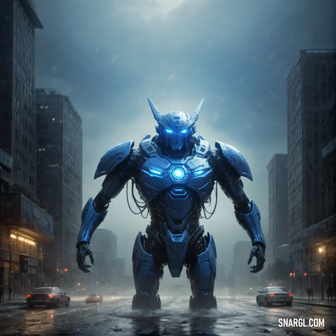 Robot standing in the middle of a city street with a light on his face and a demon like head. Example of CMYK 87,64,0,0 color.