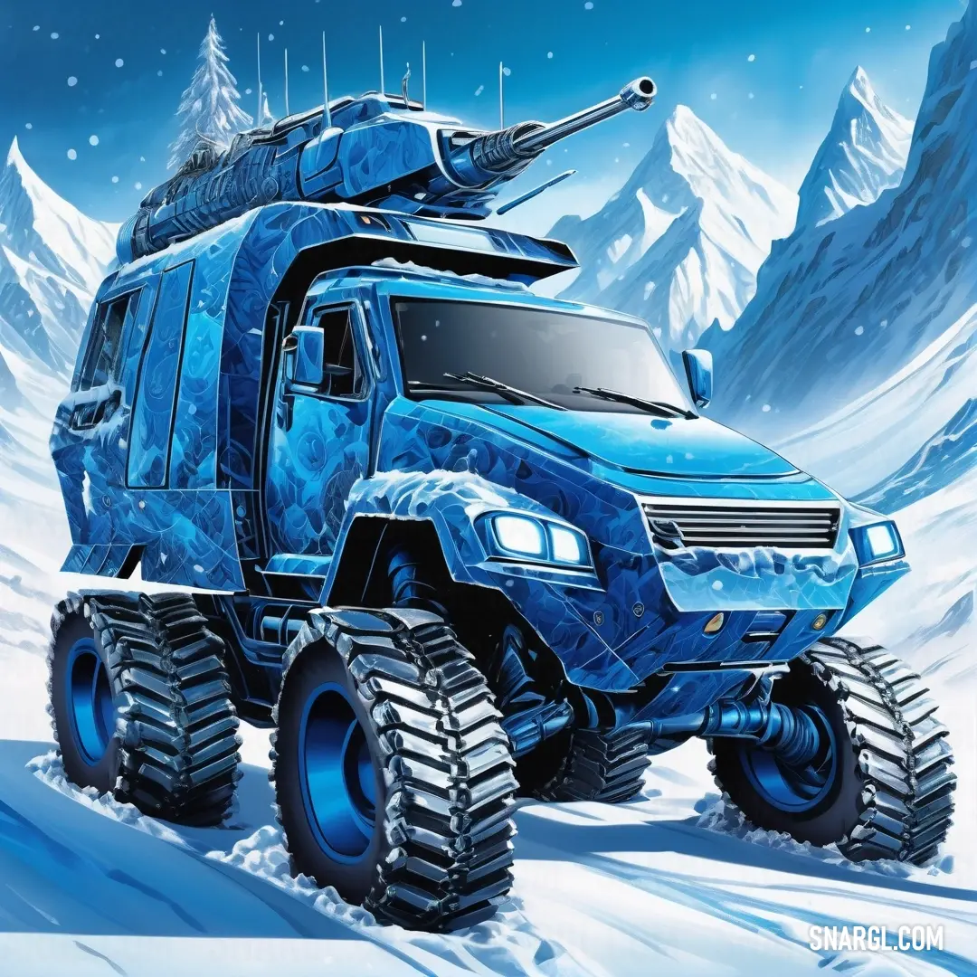 Blue truck with a tank on top of it in the snow covered mountains behind it is a snow covered mountain. Color PANTONE 2132.