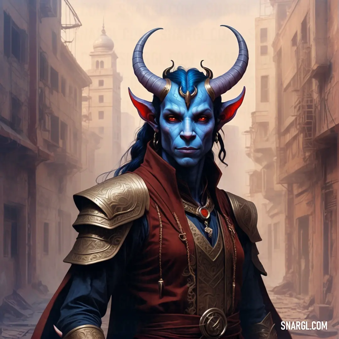 Man in a blue horned costume is standing in a street with buildings in the background. Example of RGB 48,100,169 color.