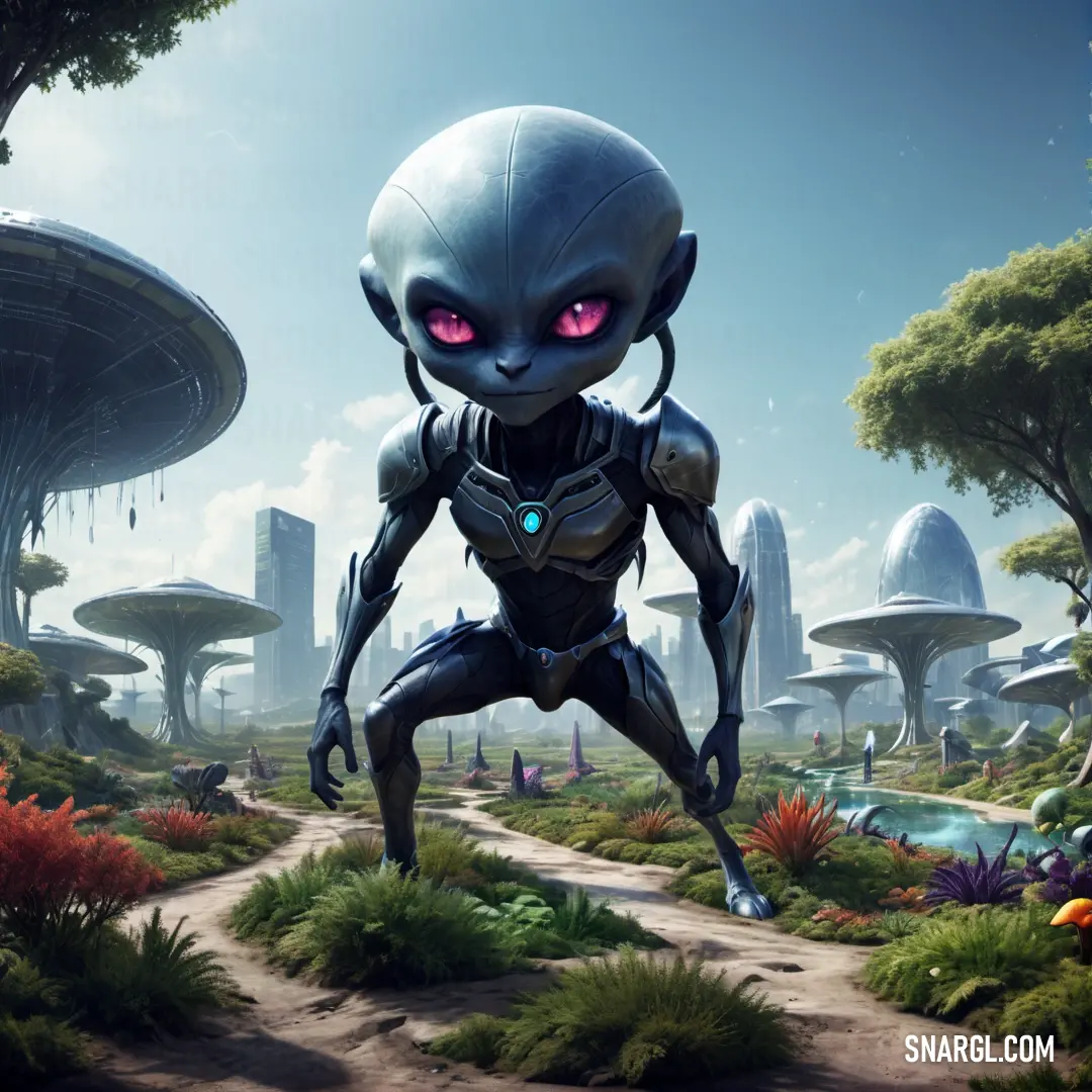 Futuristic alien running through a forest of trees and plants with a futuristic city in the background. Color CMYK 69,41,15,8.