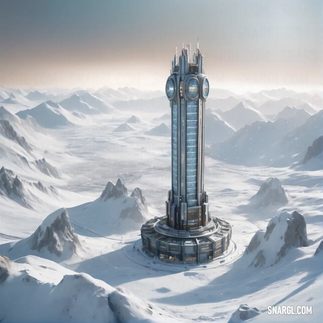 PANTONE 2137 color example: Futuristic building in the middle of a snowy landscape with mountains in the background