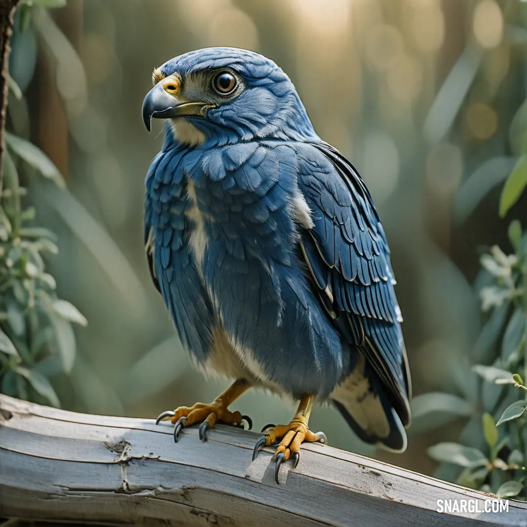 Blue bird perched on a branch in a forest area with green leaves and branches in the background. Color #637D9C.