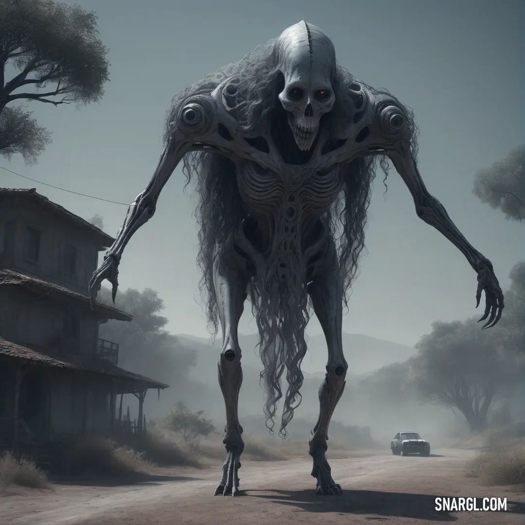 Creepy looking creature walking down a road in a rural area with a car in the background. Color #637682.