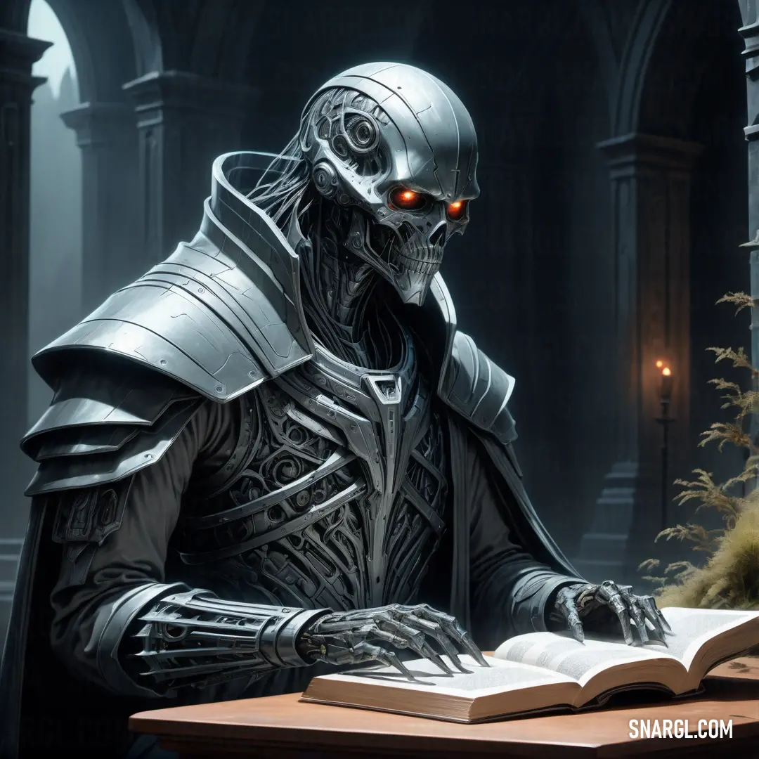 Skeleton in a suit of armor at a table with a book in front of him and a candle in the background. Color PANTONE 2138.