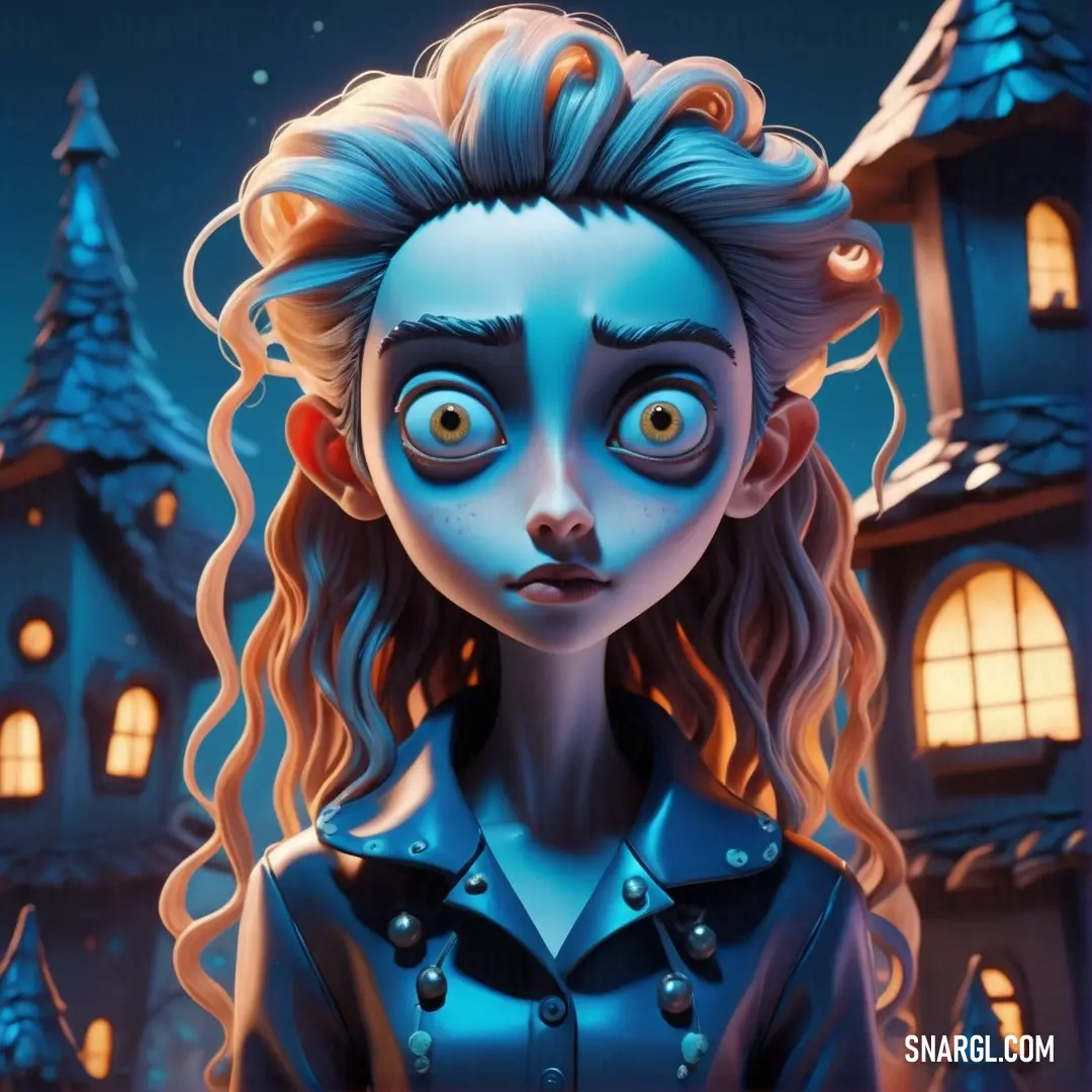 Cartoon character with a creepy look on her face and a creepy house in the background. Example of RGB 85,113,143 color.