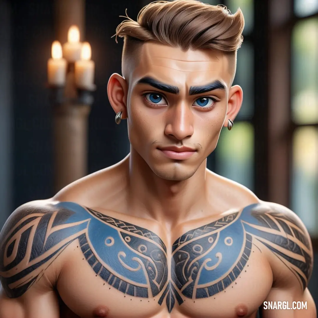 Man with a tattoo on his chest and a candle in the background. Example of RGB 85,113,143 color.