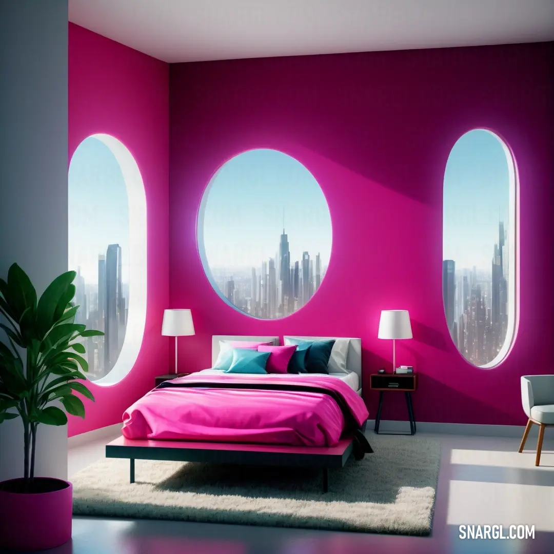 A cozy bedroom with a soft pink wall, complete with a pink bed blanket and pillows. Through the window, a scenic city view offers a perfect balance of warmth and modernity, enhanced by the PANTONE 214 color.