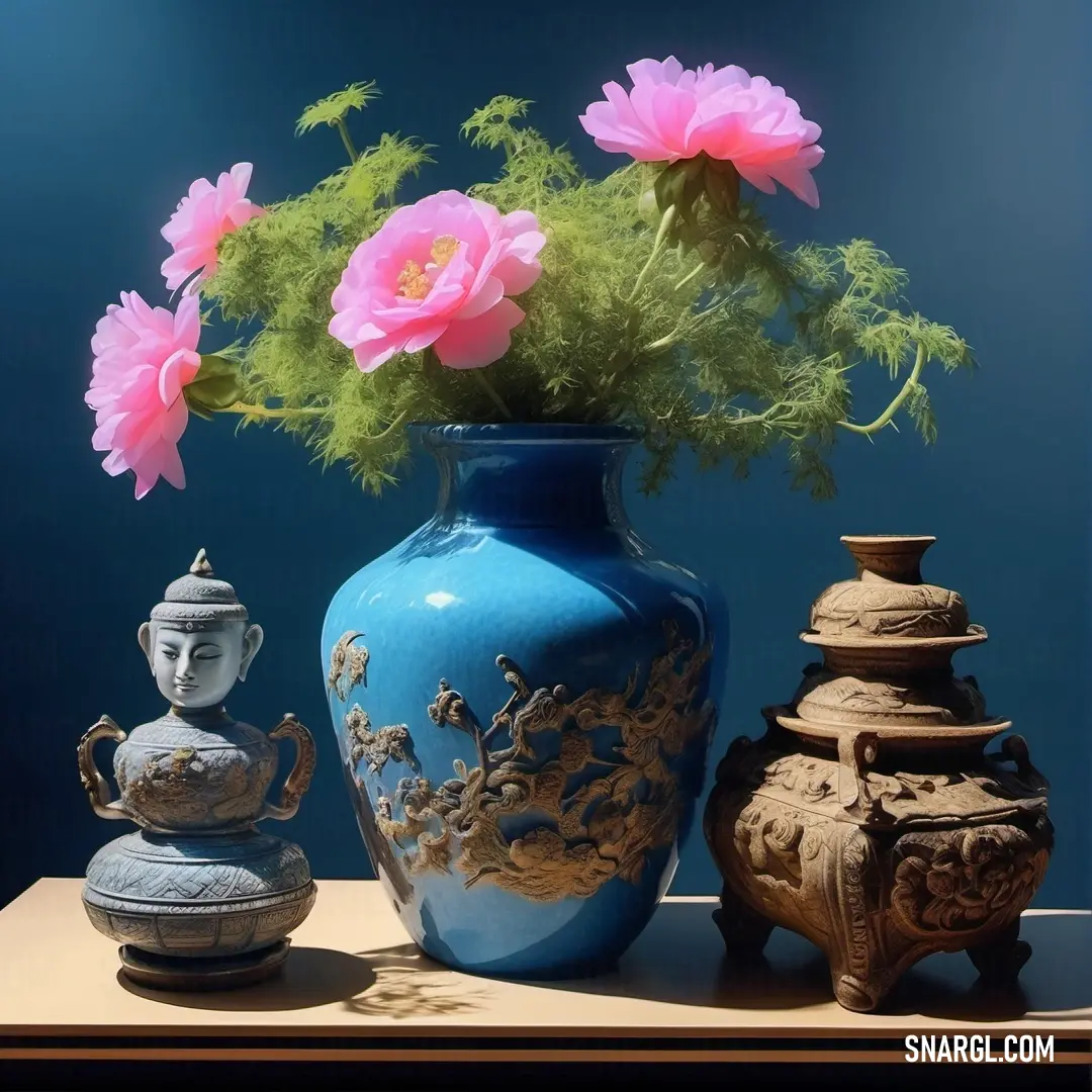 A stunning blue vase adorned with pink flowers sits on a table surrounded by other delicate vases, with a deep blue background complementing the arrangement. RGB 207,35,102 color adds depth to this elegant scene.