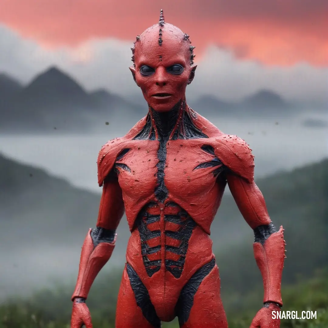 A vibrant red alien with a dark, mysterious face and chest stands confidently in a lush green field, with towering mountains framing the background, creating a striking contrast against the vivid colors of the sunset sky.