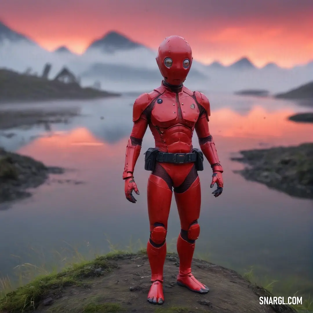 A fierce red robot proudly stands on a rocky outcrop, gazing at a serene body of water reflecting the orange and purple hues of a sunset, with majestic mountains create a dramatic backdrop, hinting at a story of resilience and adventure.